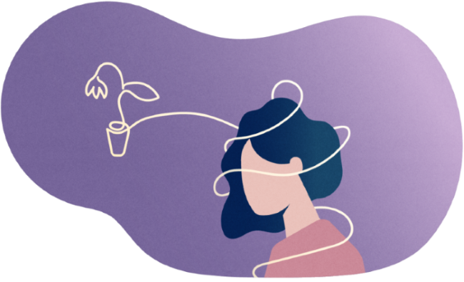 Woman’s head bound by illustrative lines and a wilting plant that represent psychiatric comorbidities in migraine patients. 