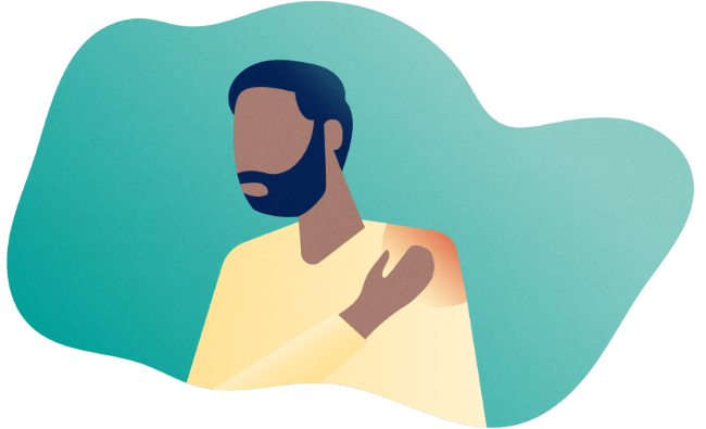 Colorful silhouette of a man touching his shoulder, which is highlighted in red to represent chronic pain. 