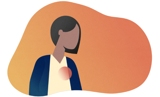 Colorful silhouette of a woman with a highlighted region near her heart to represent cardiovascular disease in patients with migraine. 