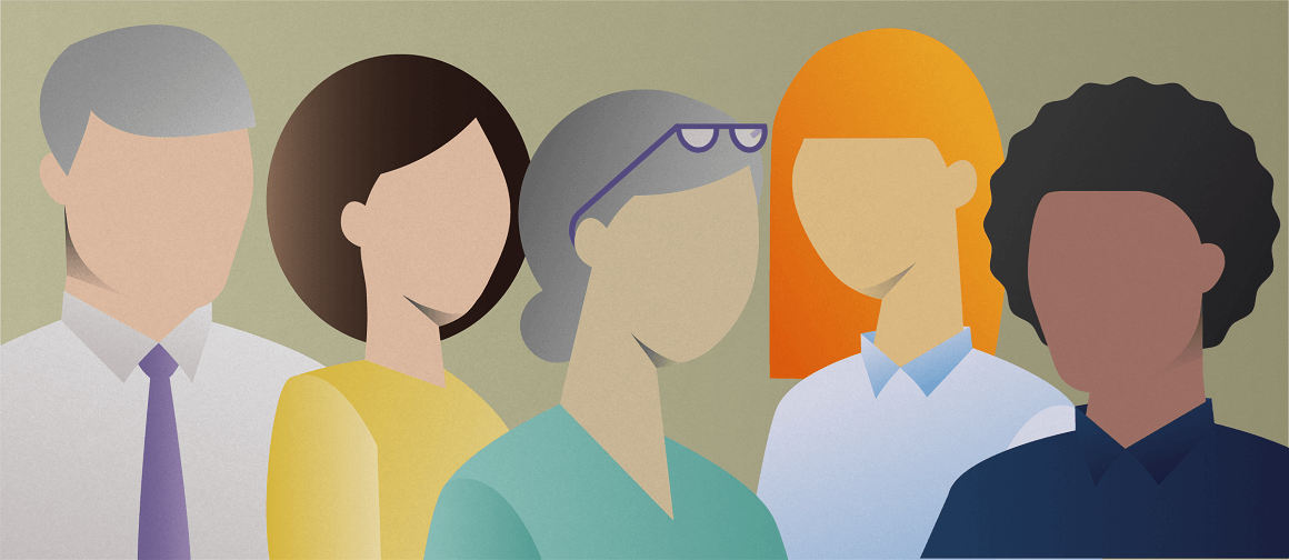 Silhouettes of people of various ages, genders, and races. 