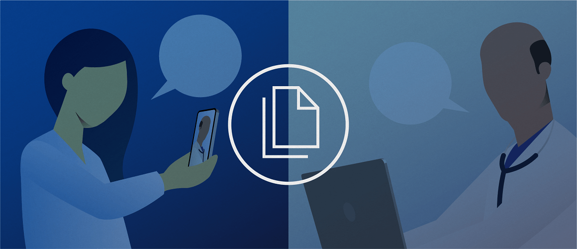 Two illustrations of people. The illustration on the left side is a silhouette of a patient holding a smartphone, with a speech bubble. The illustration on the right side is a silhouette of an HCP looking at a laptop, with a speech bubble. There is a white icon of a wrench in the middle of both illustrations.