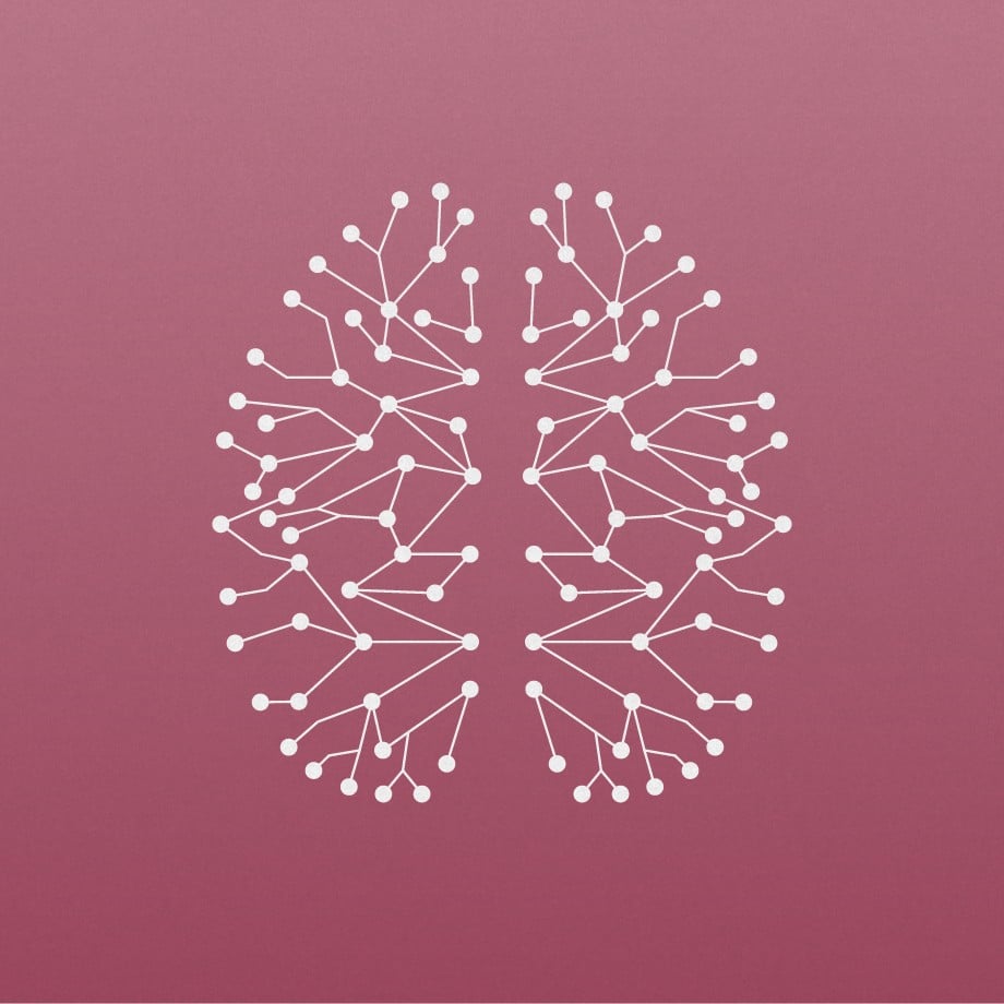 Illustration of a brain-shaped network on a pink background.